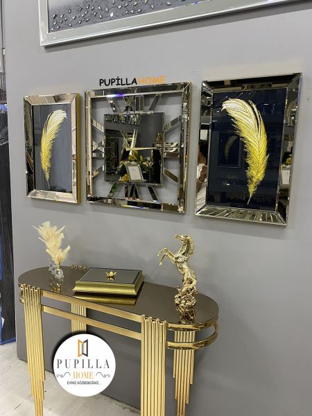 Bronz Renk İkili Tüy Simli Tablo Kare Model Aynalı Saat