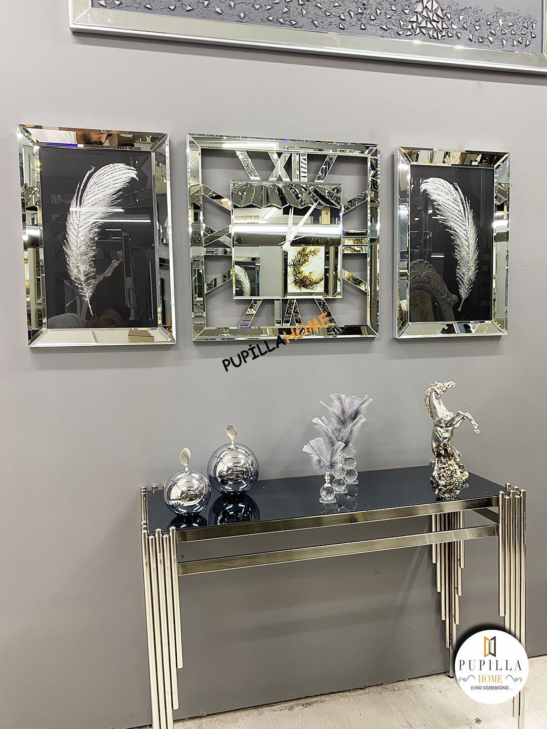 Gümüş Renk İkili Tüy Simli Tablo Kare Model Aynalı Saat