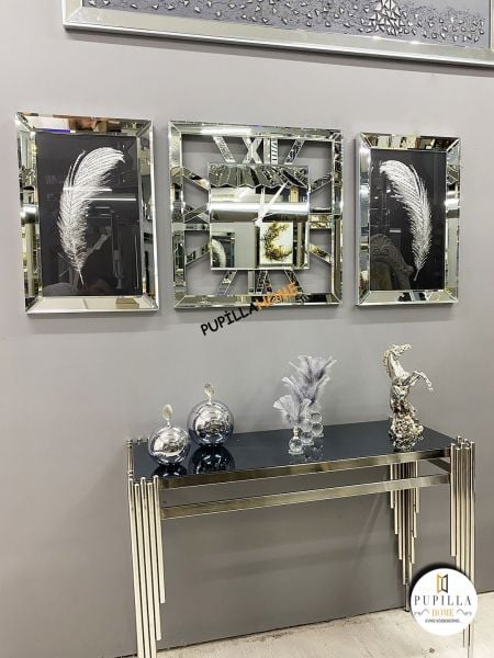 Gümüş Renk İkili Tüy Simli Tablo Kare Model Aynalı Saat