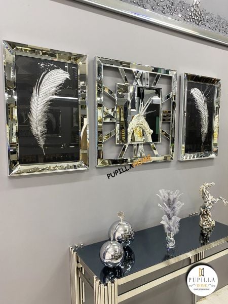 Gümüş Renk İkili Tüy Simli Tablo Kare Model Aynalı Saat