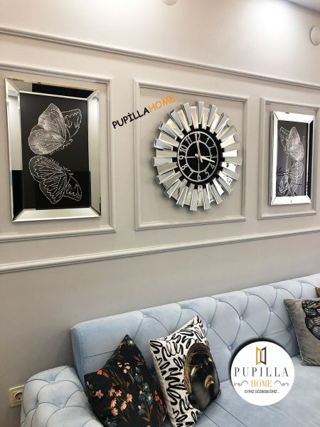 Gümüş Renk İkili Kelebek Simli Tablo Güneş Model Aynalı Saat Roma Rakam