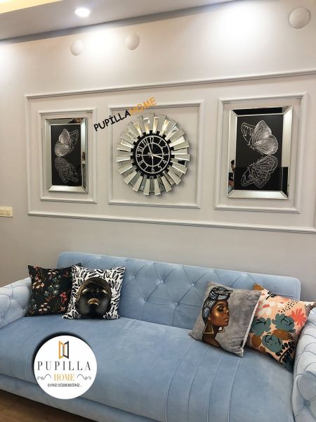Gümüş Renk İkili Kelebek Simli Tablo Güneş Model Aynalı Saat Roma Rakam