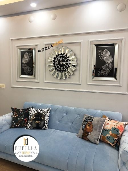 Gümüş Renk İkili Kelebek Simli Tablo Güneş Model Aynalı Saat Türkçe Rakam