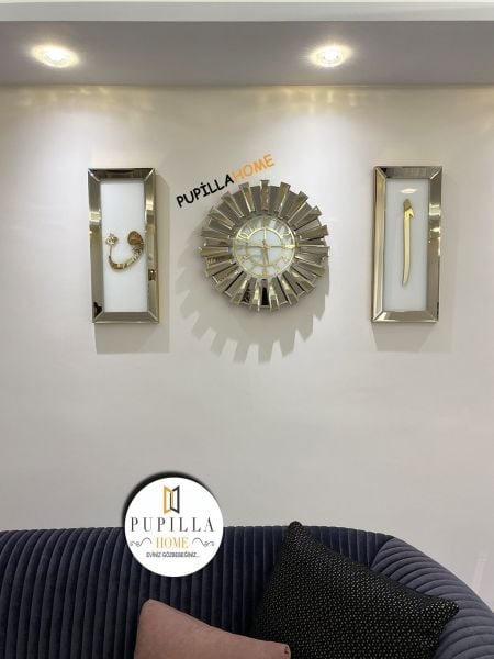 Bronz Renk İkili Elif Vav Tablo Güneş Model Aynalı Saat Roma Rakam