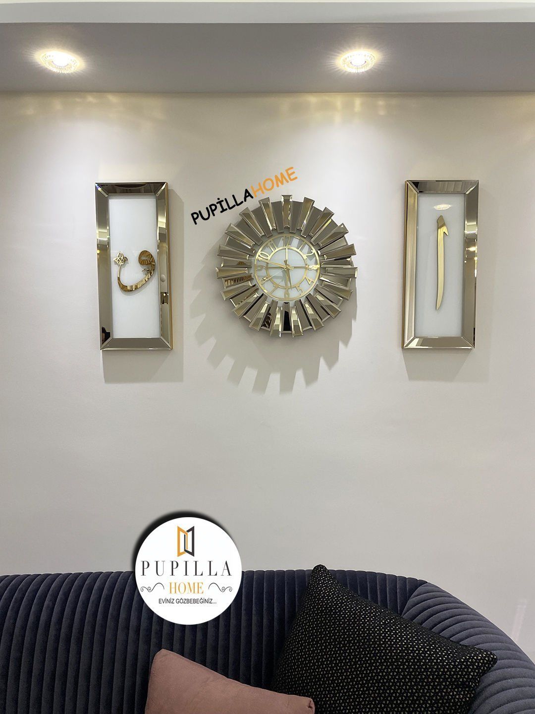 Bronz Renk İkili Elif Vav Tablo Güneş Model Aynalı Saat Türkçe Rakam