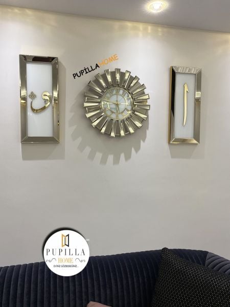 Bronz Renk İkili Elif Vav Tablo Güneş Model Aynalı Saat Türkçe Rakam