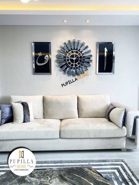 Füme Renk İkili Elif Vav Tablo Güneş Model Aynalı Saat Roma Rakam