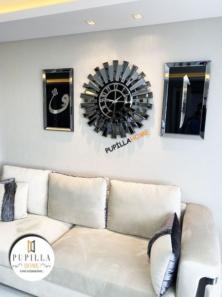 Füme Renk İkili Elif Vav Tablo Güneş Model Aynalı Saat Roma Rakam