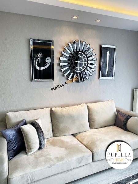 Füme Renk İkili Elif Vav Tablo Güneş Model Aynalı Saat Roma Rakam