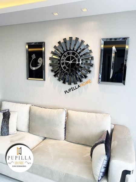 Füme Renk İkili Elif Vav Tablo Güneş Model Aynalı Saat Türkçe Rakam