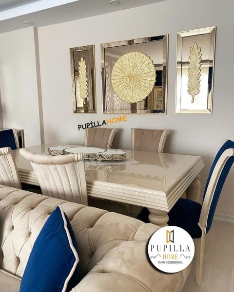 Bronz Renk Üçlü Varak Dünya ve Tüy Tablo Set