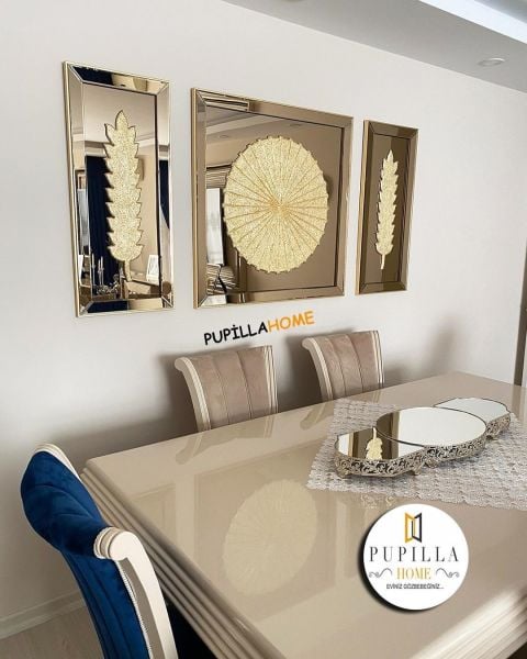 Bronz Renk Üçlü Varak Dünya ve Tüy Tablo Set