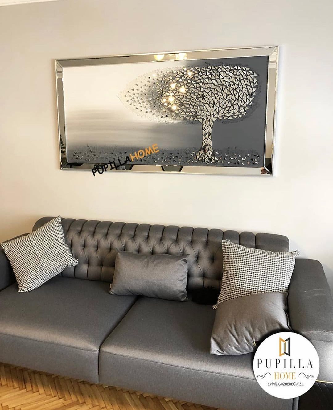Gümüş Renk Parça Ayna İşlemeli Ağaç Tablo