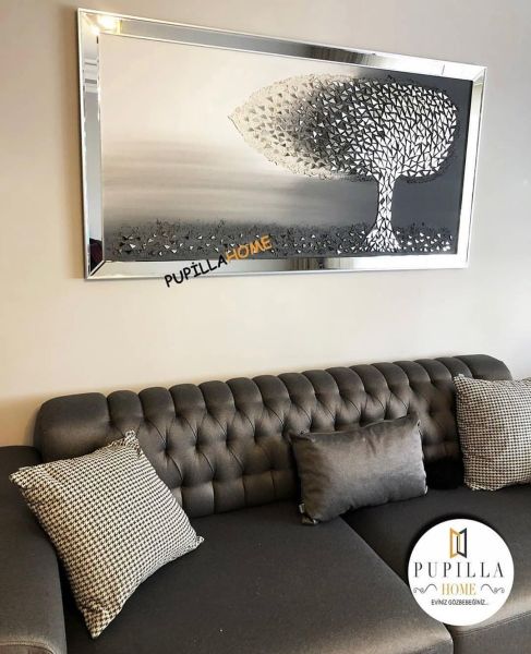 Gümüş Renk Parça Ayna İşlemeli Ağaç Tablo