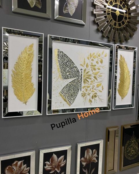 Beyaz Kanvas Üçlü Varak Kelebek ve Tüy Tablo Set