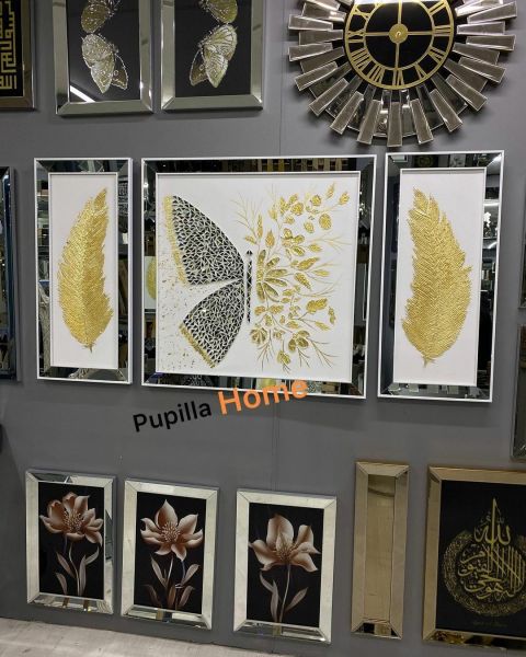 Beyaz Kanvas Üçlü Varak Kelebek ve Tüy Tablo Set