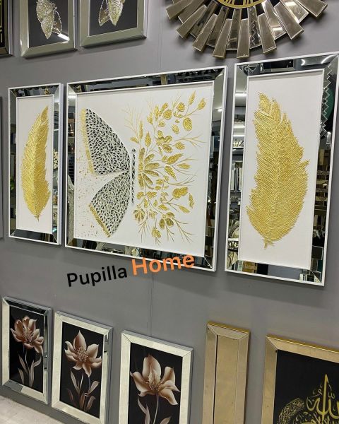 Beyaz Kanvas Üçlü Varak Kelebek ve Tüy Tablo Set