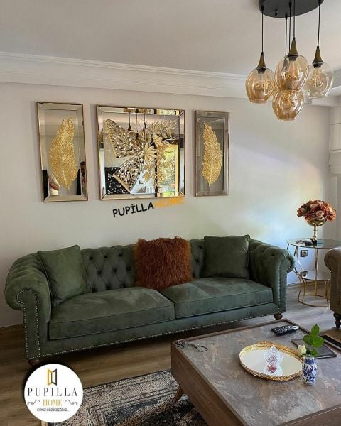 Bronz Renk Üçlü Varak Kelebek ve Tüy Tablo Set