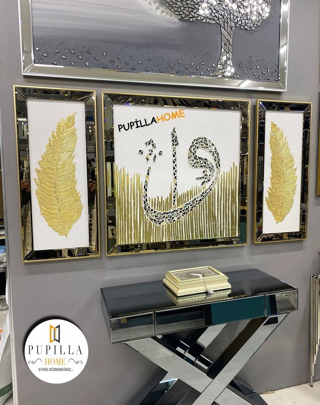 Beyaz Kanvas Üçlü Varak Elif Vav ve Tüy Tablo Set