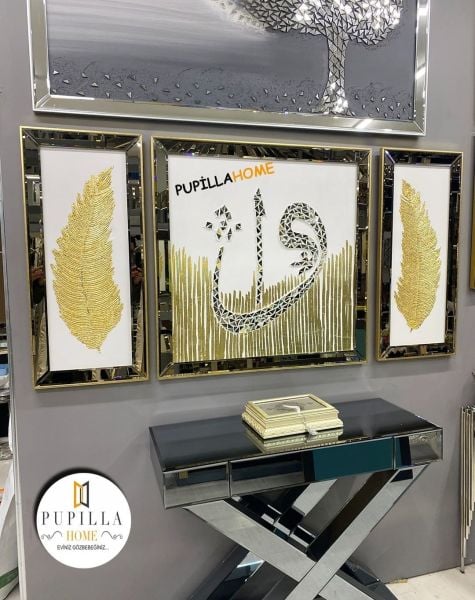 Beyaz Kanvas Üçlü Varak Elif Vav ve Tüy Tablo Set