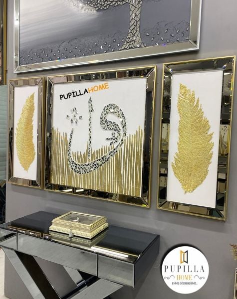 Beyaz Kanvas Üçlü Varak Elif Vav ve Tüy Tablo Set