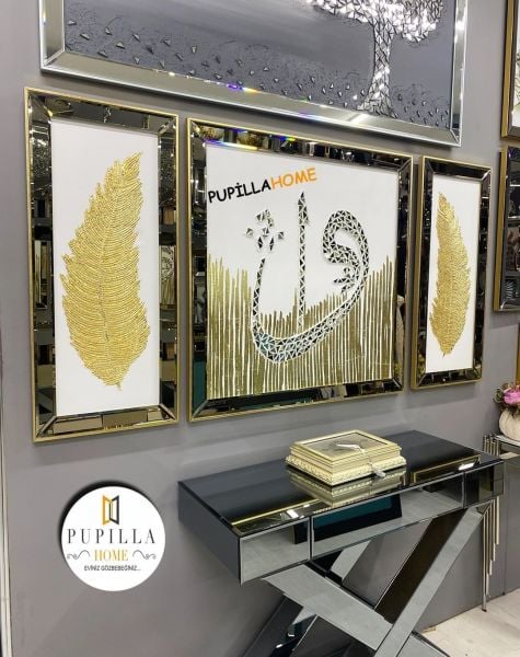 Beyaz Kanvas Üçlü Varak Elif Vav ve Tüy Tablo Set