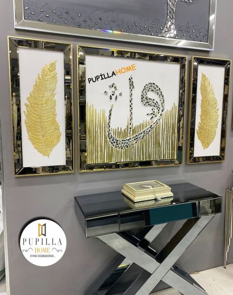 Beyaz Kanvas Üçlü Varak Elif Vav ve Tüy Tablo Set