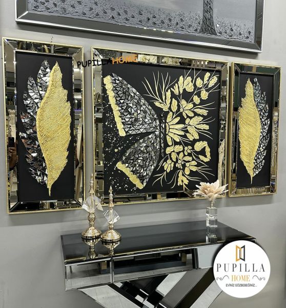 Siyah Kanvas Üçlü Varak Kelebek ve Tüy Tablo Set