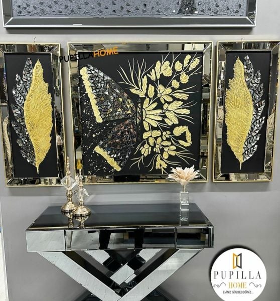 Siyah Kanvas Üçlü Varak Kelebek ve Tüy Tablo Set