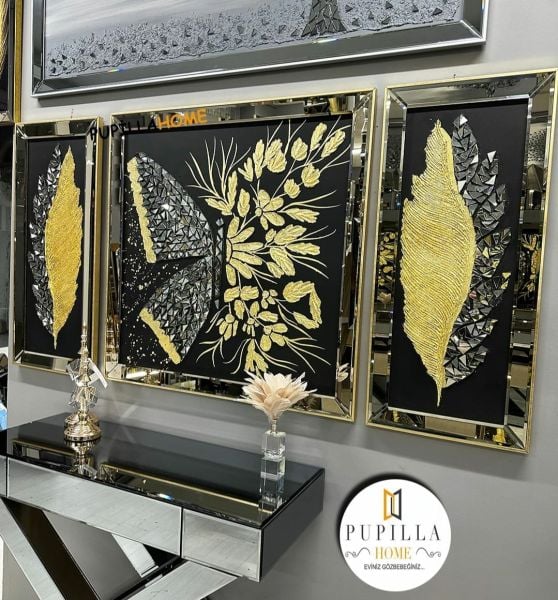 Siyah Kanvas Üçlü Varak Kelebek ve Tüy Tablo Set