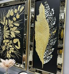 Siyah Kanvas Üçlü Varak Kelebek ve Tüy Tablo Set