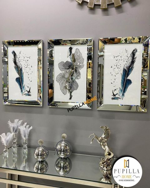 Gümüş Renk Üçlü Mavi Kuş Tüyü Set