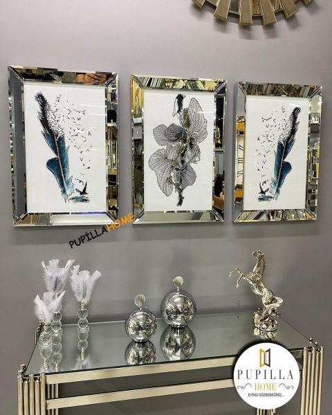 Gümüş Renk Üçlü Mavi Kuş Tüyü Set