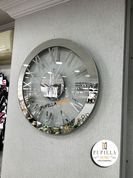 Yuvarlak Camlı Gümüş Renk Aynalı Saat