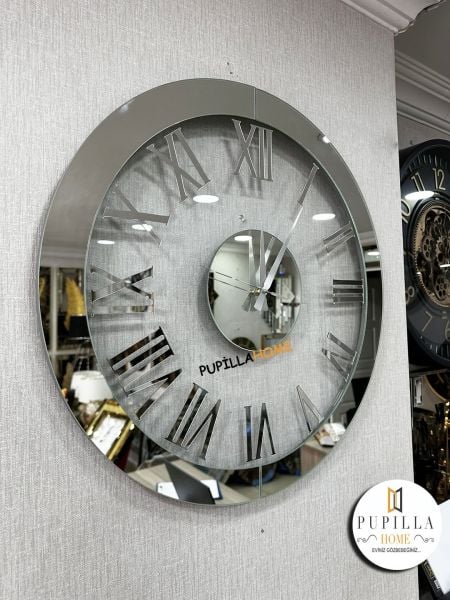 Yuvarlak Camlı Gümüş Renk Aynalı Saat