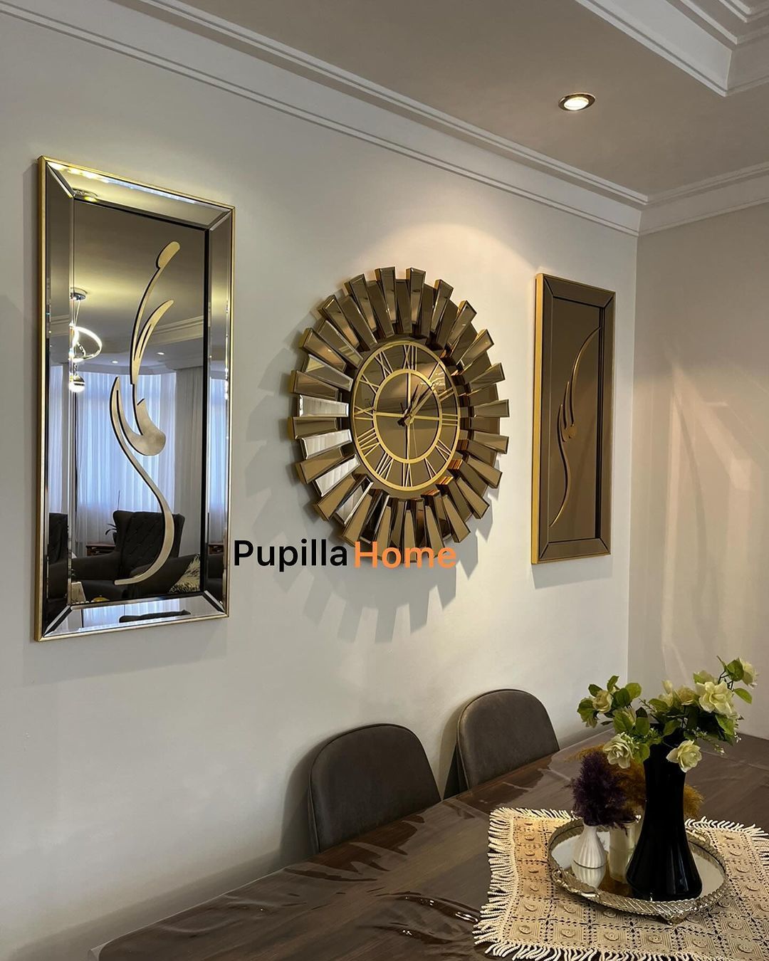 Bronz Renk Üçlü Mdf Allah C.C Hz. Muhammed SAV. Güneş Model Saat Set Türkçe Rakam