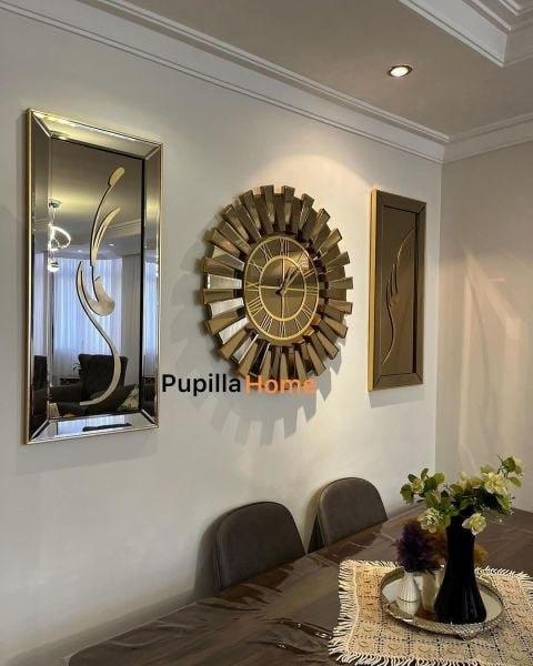 Bronz Renk Üçlü Mdf Allah C.C Hz. Muhammed SAV. Güneş Model Saat Set Türkçe Rakam