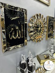 Bronz Renk İkili Allah C.C & Hz. Muhammed Sav Tablo Güneş Model Aynalı Saat Türkçe Rakam