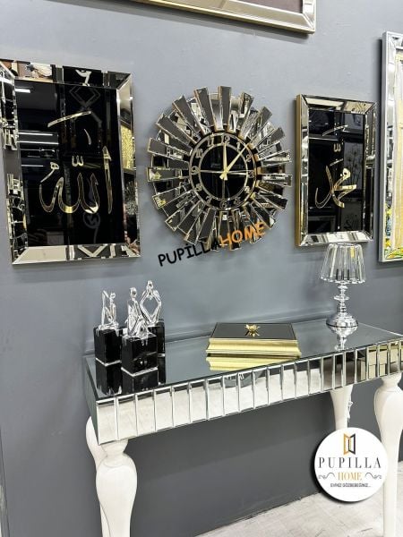 Bronz Renk İkili Allah C.C & Hz. Muhammed Sav Tablo Güneş Model Aynalı Saat