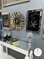 Bronz Renk İkili Allah C.C & Hz. Muhammed Sav Tablo Güneş Model Aynalı Saat Roma Rakam