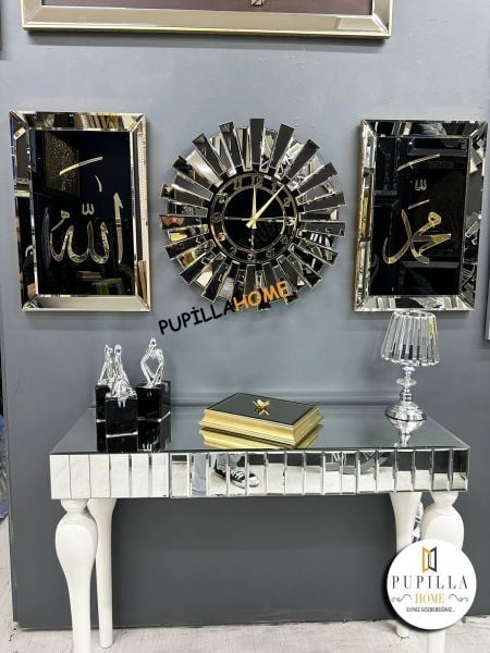 Bronz Renk İkili Allah C.C & Hz. Muhammed Sav Tablo Güneş Model Aynalı Saat