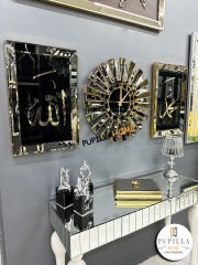 Bronz Renk İkili Allah C.C & Hz. Muhammed Sav Tablo Güneş Model Aynalı Saat Türkçe Rakam