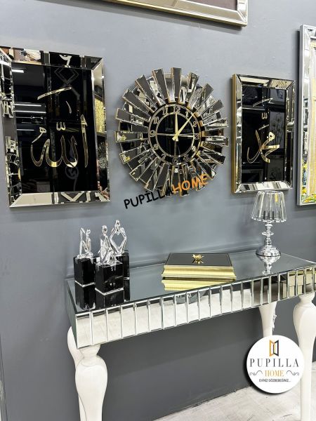 Bronz Renk İkili Allah C.C & Hz. Muhammed Sav Tablo Güneş Model Aynalı Saat Roma Rakam