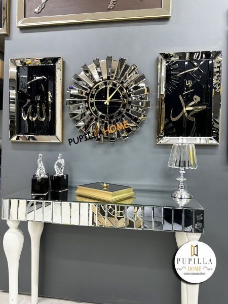 Bronz Renk İkili Allah C.C & Hz. Muhammed Sav Tablo Güneş Model Aynalı Saat Roma Rakam