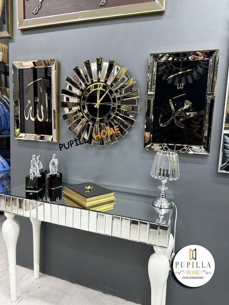 Bronz Renk İkili Allah C.C & Hz. Muhammed Sav Tablo Güneş Model Aynalı Saat Türkçe Rakam