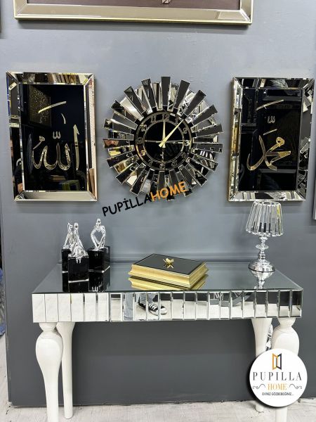 Bronz Renk İkili Allah C.C & Hz. Muhammed Sav Tablo Güneş Model Aynalı Saat Türkçe Rakam