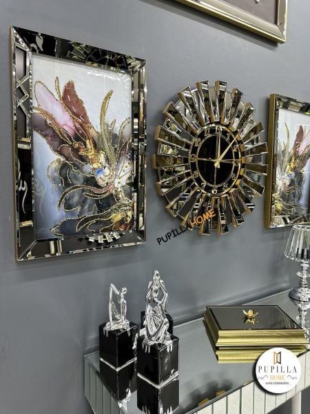 Bronz Renk İkili Mor Bulut Tablo Güneş Model Aynalı Saat