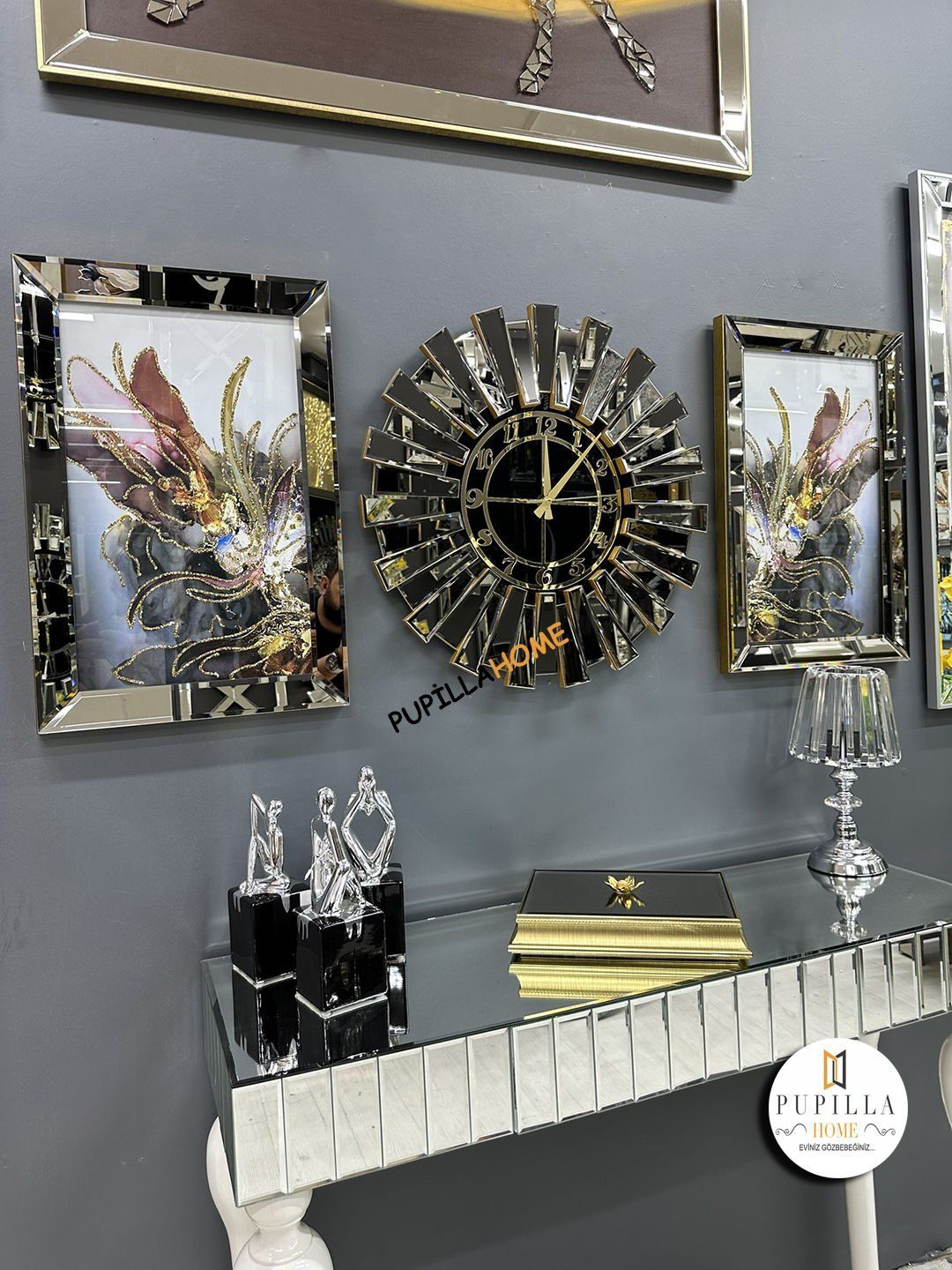 Bronz Renk İkili Mor Bulut Tablo Güneş Model Aynalı Saat Roma Rakam