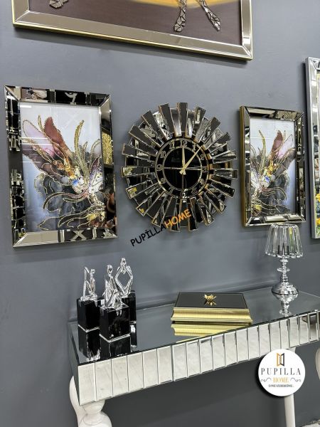 Bronz Renk İkili Mor Bulut Tablo Güneş Model Aynalı Saat Türkçe Rakam