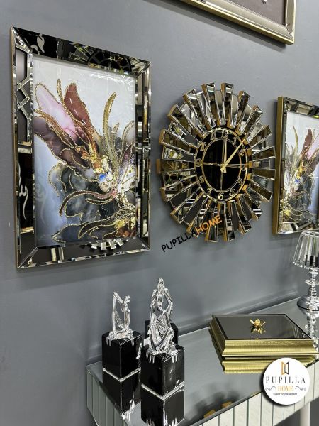 Bronz Renk İkili Mor Bulut Tablo Güneş Model Aynalı Saat Türkçe Rakam